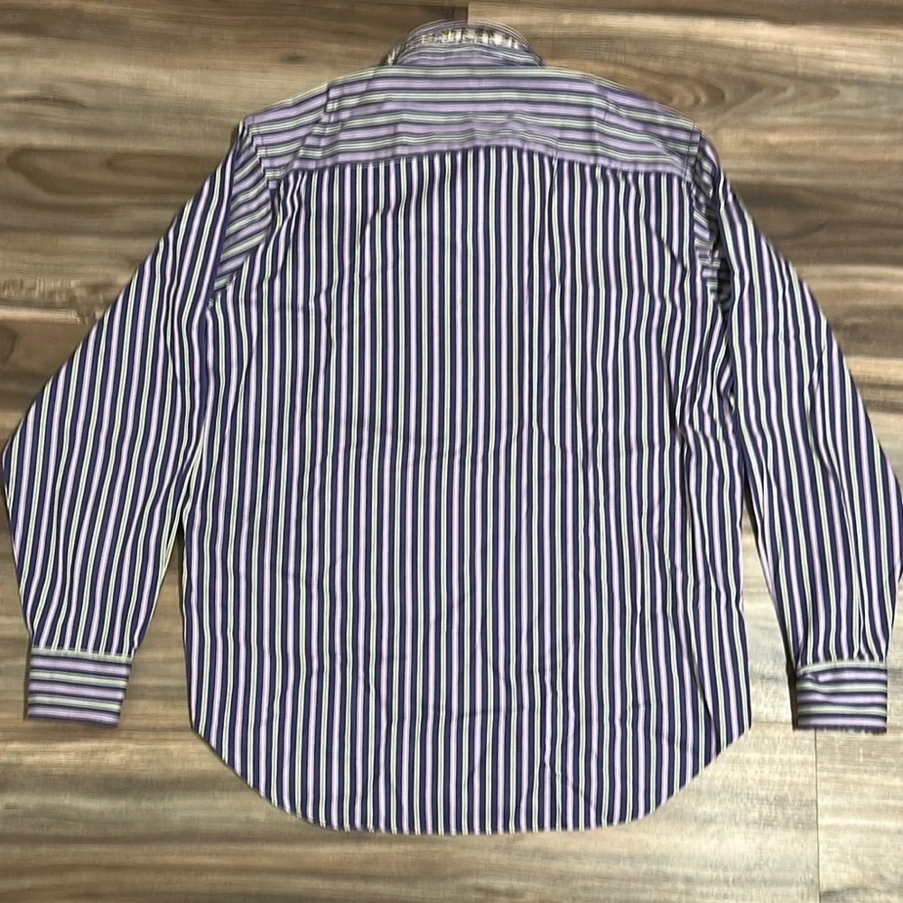 Bugatchi Uomo Shirt Mens L Purple Green White Striped Button Down Flip Cuff